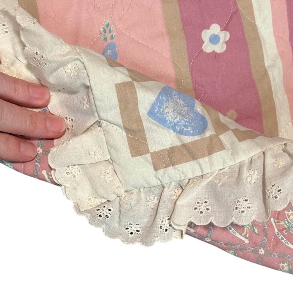 Vintage Rocking Horse Quilted Baby Blanket Pink Blue Eyelet Lace Ruffle Trim